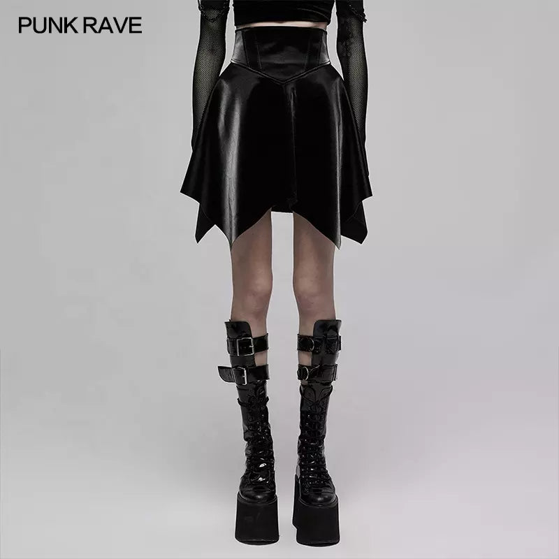 Gothic Punk High Waist Seal Square Hem Black Faux Leather Women's Short Skirt