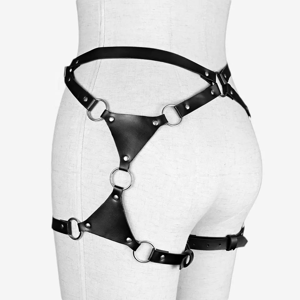 Black waist harness with garters and rings