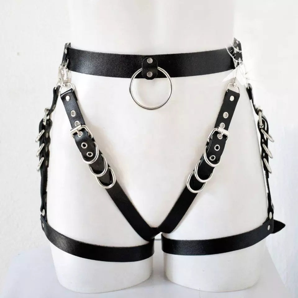 Black waist harness with garters and rings