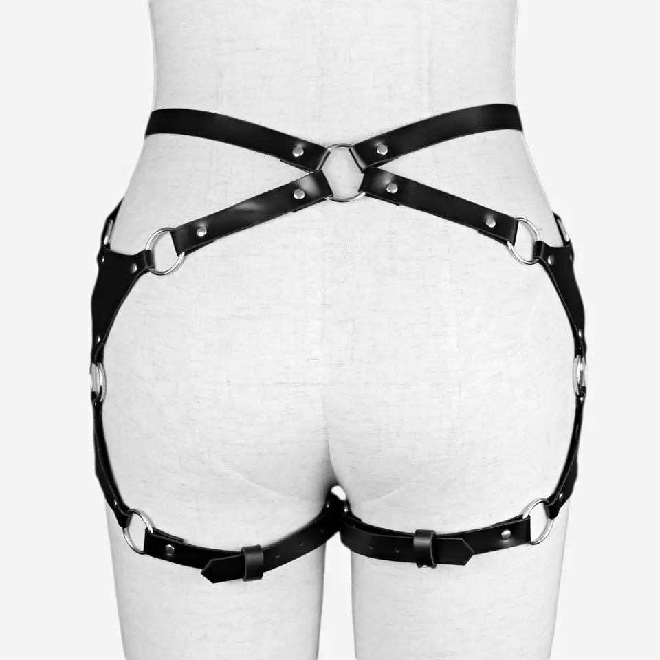 Black waist harness with garters and rings