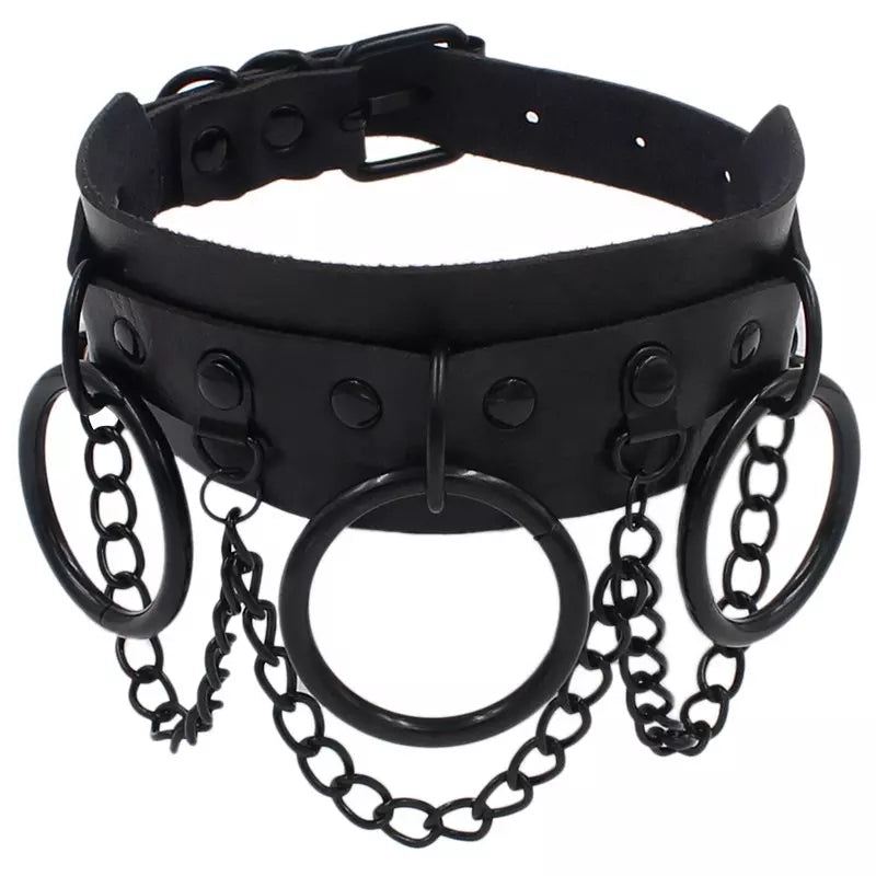 Black Gothic Punk Choker Chain Collar with Rings Dark Fashion