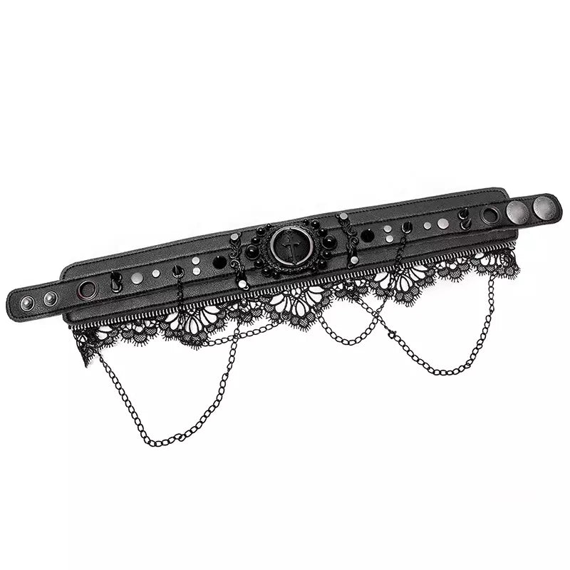 Gothic Punk Victorian heavy duty leather studded spiked collar with chains lace and rivets metal lolita