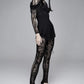 Sheer Mesh Leggings with Intricate Gothic Velveteen Design and Lace-Up Side Slits