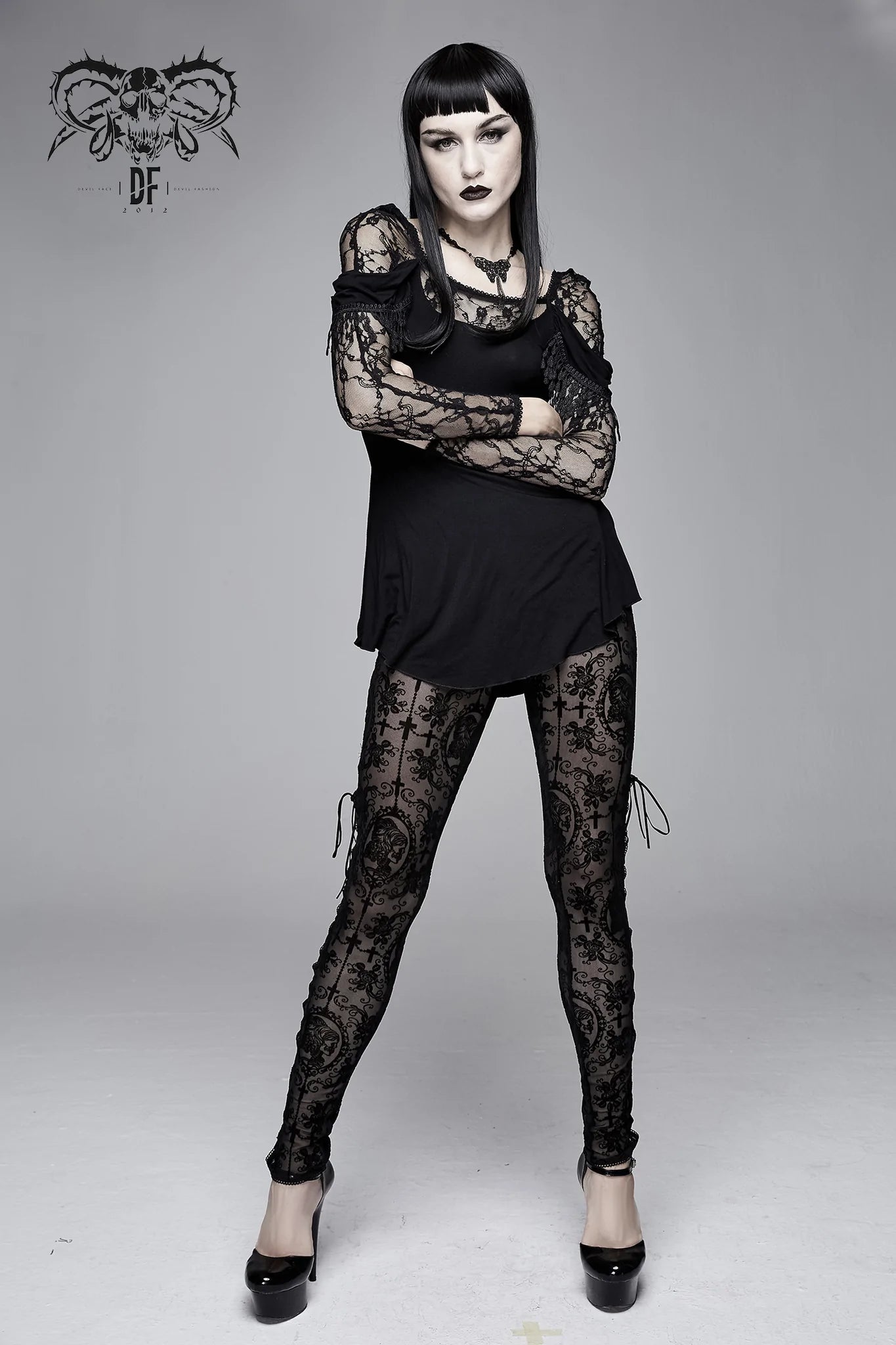 Sheer Mesh Leggings with Intricate Gothic Velveteen Design and Lace-Up Side Slits
