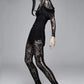 Sheer Mesh Leggings with Intricate Gothic Velveteen Design and Lace-Up Side Slits