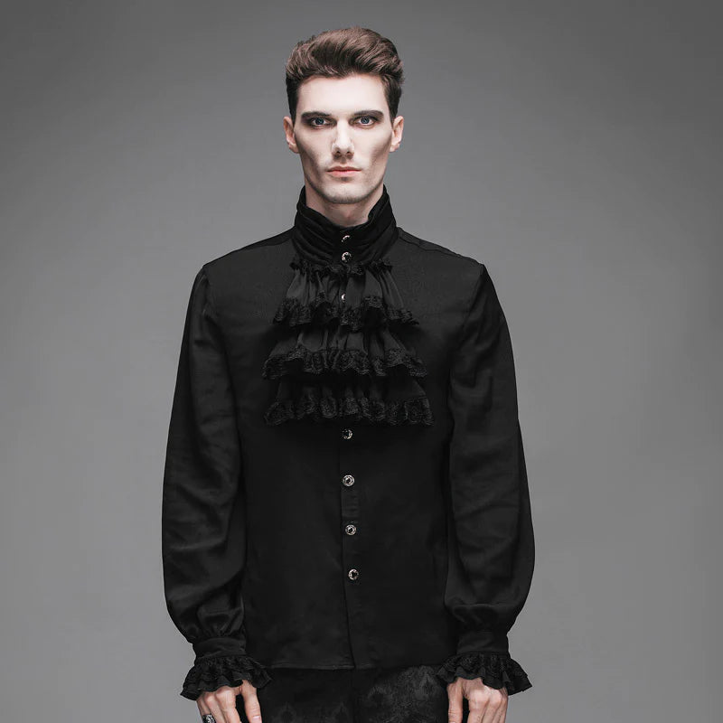 Victorian Gothic Flounce Cuff Mens Classic Black Chiffon Shirt