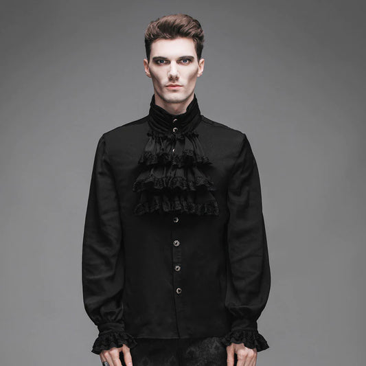 Victorian Gothic Flounce Cuff Mens Classic Black Chiffon Shirt