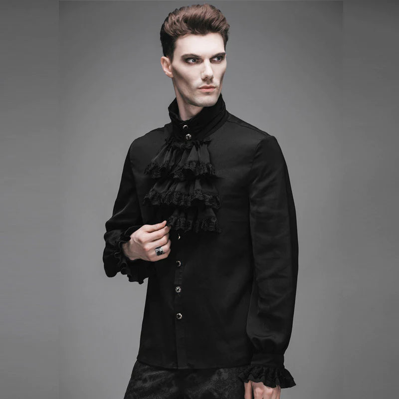 Victorian Gothic Flounce Cuff Mens Classic Black Chiffon Shirt