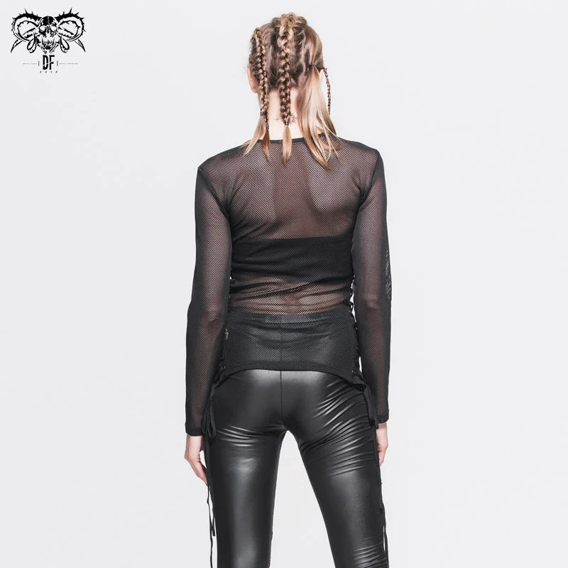 Gothic Punk Fetish See Through Mesh O Neck with Lace up Sides Long Sleeve Unisex Mens and Womens cotton T-shirts