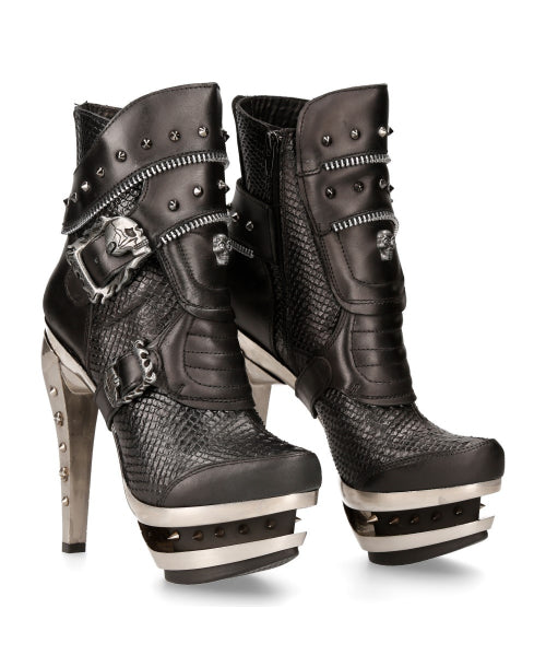 Snakeskin Metal Stiletto Ankle Boots M-ROCK207-C2 Spikes, Zippers, and Skull Buckles