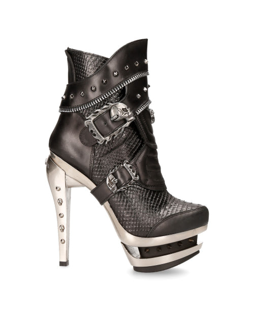 Snakeskin Metal Stiletto Ankle Boots M-ROCK207-C2 Spikes, Zippers, and Skull Buckles