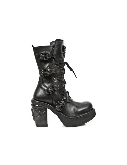 Midnight Boot M-8366-S8 Completely Black Lace-Up Boot with Skull Details