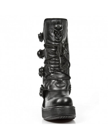 Midnight Boot M-8366-S8 Completely Black Lace-Up Boot with Skull Details