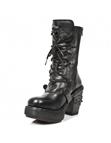 Midnight Boot M-8366-S8 Completely Black Lace-Up Boot with Skull Details