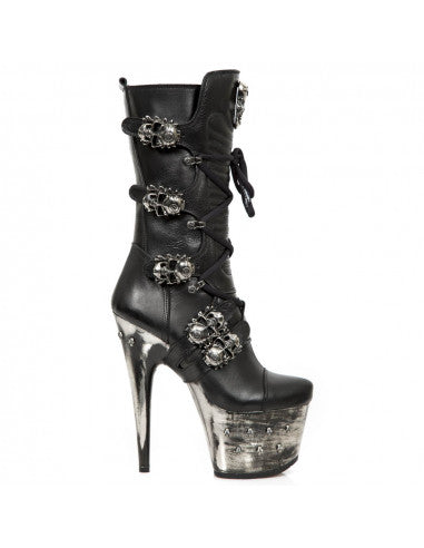 Hellraiser Stiletto Boot M-DEVIL001-S3 Leather Boot with Skull Buckles and Distressed Metallic Platform Heel