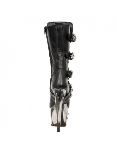 Hellraiser Stiletto Boot M-DEVIL001-S3 Leather Boot with Skull Buckles and Distressed Metallic Platform Heel