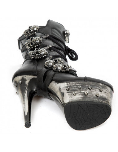 Hellraiser Stiletto Boot M-DEVIL001-S3 Leather Boot with Skull Buckles and Distressed Metallic Platform Heel