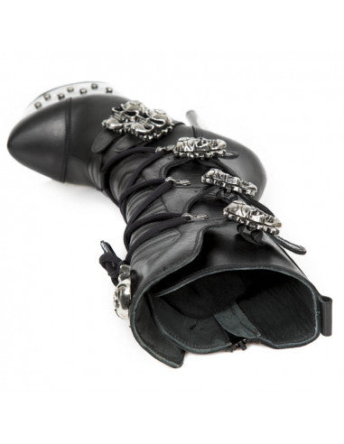 Hellraiser Stiletto Boot M-DEVIL001-S3 Leather Boot with Skull Buckles and Distressed Metallic Platform Heel