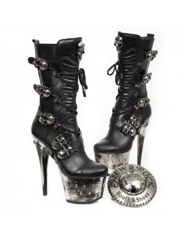 Hellraiser Stiletto Boot M-DEVIL001-S3 Leather Boot with Skull Buckles and Distressed Metallic Platform Heel