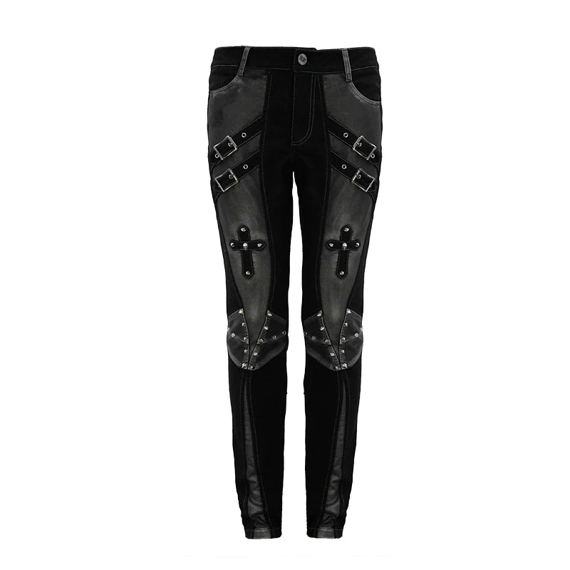 Punk Cross Design Black and Silver Split-Shin Studded Pants with Buckles
