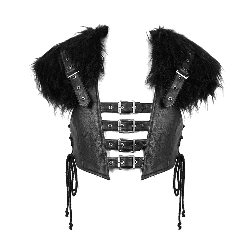 Vegan Leather Harness Vest with Adjustable Buckles and Fur Shoulders
