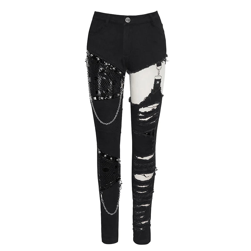 Punk Goth Asymmetrical Spliced Broken Hole Studded Women Pants with Chains