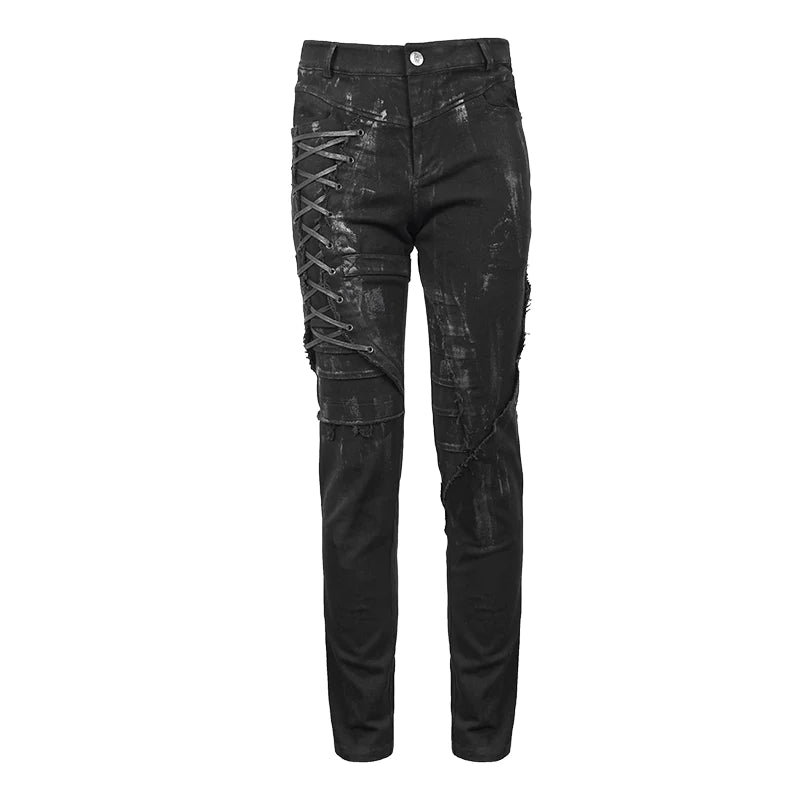 Punk Goth Apocalypse Hand Painted Slim Black Lace Up Trousers