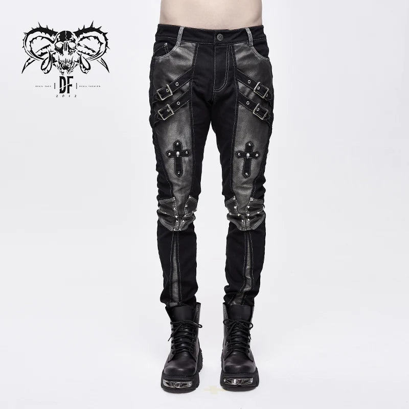 Punk Cross Design Black and Silver Split-Shin Studded Pants with Buckles