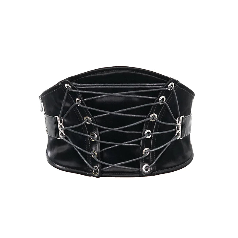 Black High-Gloss Vegan Leather Lace-Up Corset Belt