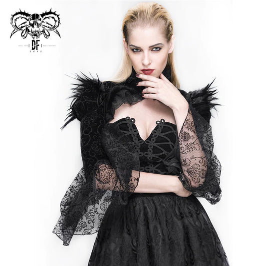 Gothic Victorian Velveteen Shawl with Flared Lace Sleeves