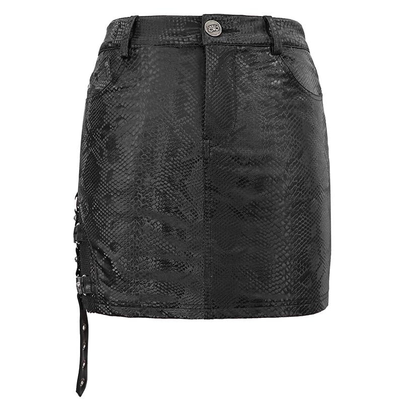 Punk Snakeskin Print Asymmetric Skirt with mesh and strap side details