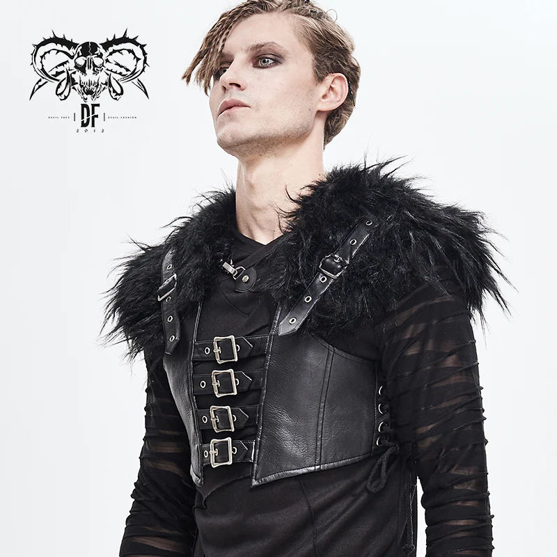 Vegan Leather Harness Vest with Adjustable Buckles and Fur Shoulders
