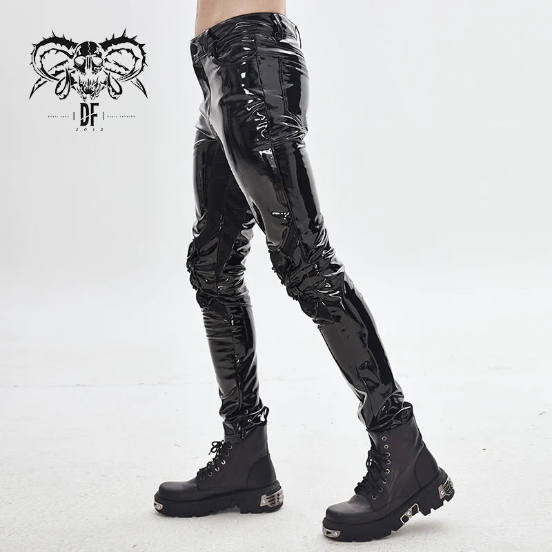 Punk Goth Cyberpunk Patent Synthetic Leather pants with studded knees