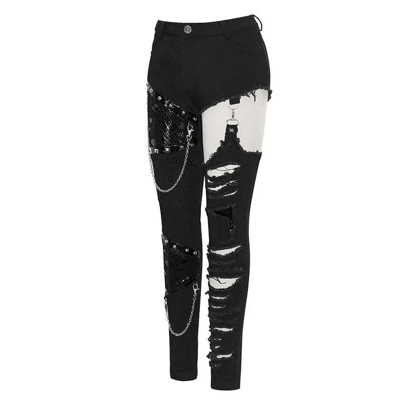 Punk Goth Asymmetrical Spliced Broken Hole Studded Women Pants with Chains