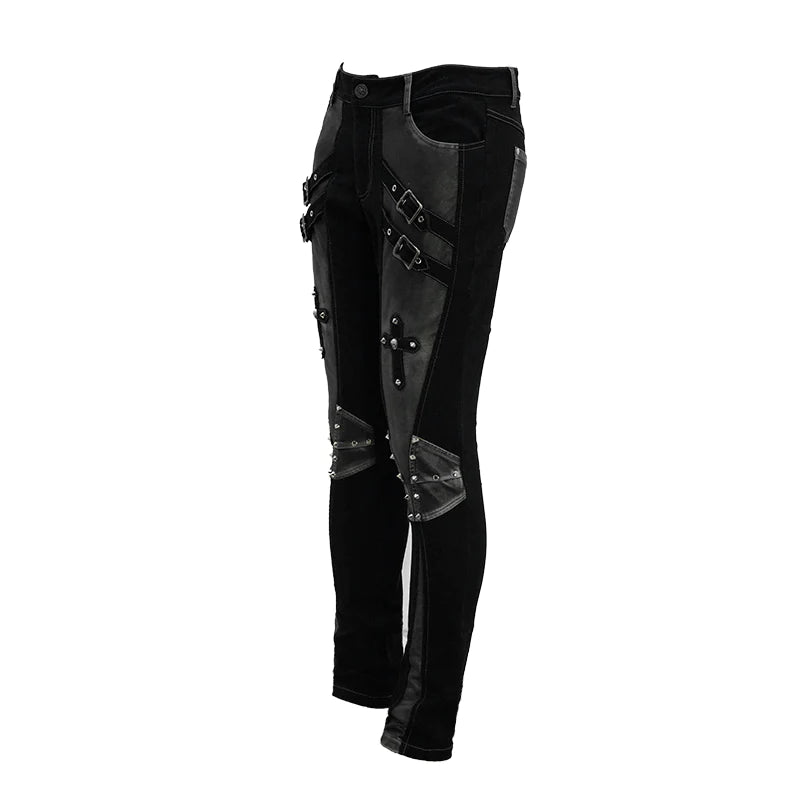 Punk Cross Design Black and Silver Split-Shin Studded Pants with Buckles