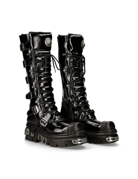 NEW ROCK GOTHIC BLACK SHINY LEATHER HIGH BOOT METALLIC m-314-c1