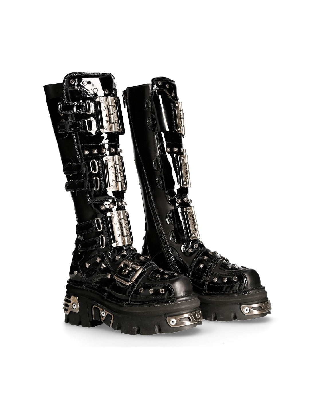 Metallic Plated Tall Goth Boots M-800-C1 Studded and Multi-Buckle Boots