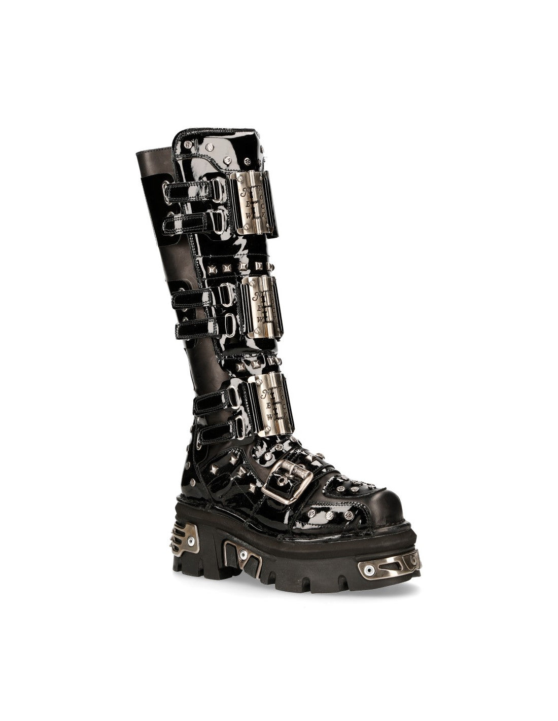 Metallic Plated Tall Goth Boots M-800-C1 Studded and Multi-Buckle Boots