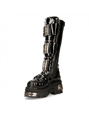 Metallic Plated Tall Goth Boots M-800-C1 Studded and Multi-Buckle Boots