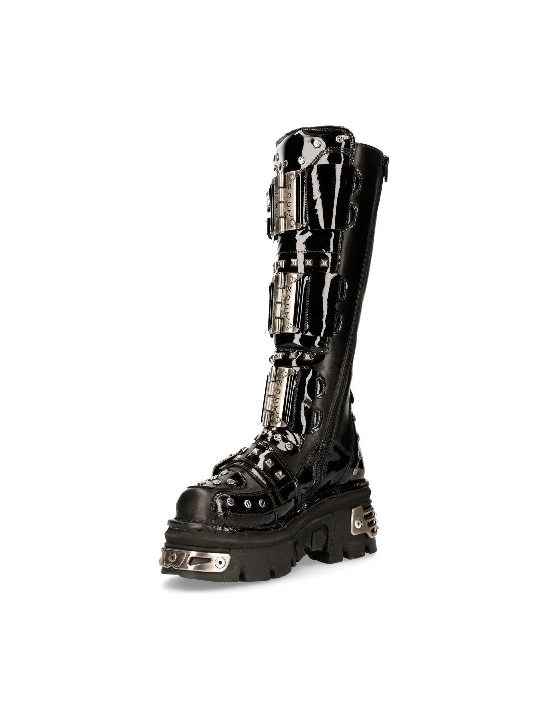 Metallic Plated Tall Goth Boots M-800-C1 Studded and Multi-Buckle Boots