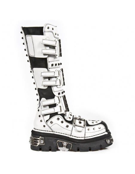 Inverted Tactical White Leather Boot M-800-C2 Punk Style High Contrast Studded Leather Boot with Buckles