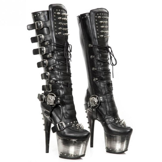 NEW ROCK M-Devil010-C1 GOTHIC BLACK LEATHER High Heel Boots WITH METAL SOLE AND HEEL SPIKED AND STUDDED