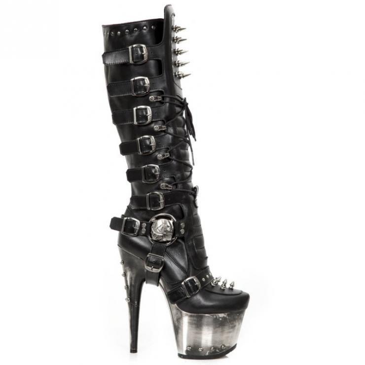 NEW ROCK M-Devil010-C1 GOTHIC BLACK LEATHER High Heel Boots WITH METAL SOLE AND HEEL SPIKED AND STUDDED